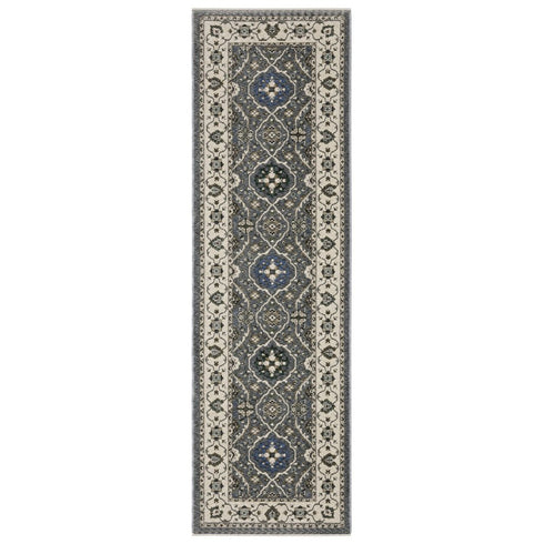 5' X 8' Blue And Gray Oriental Area Rug With Fringe